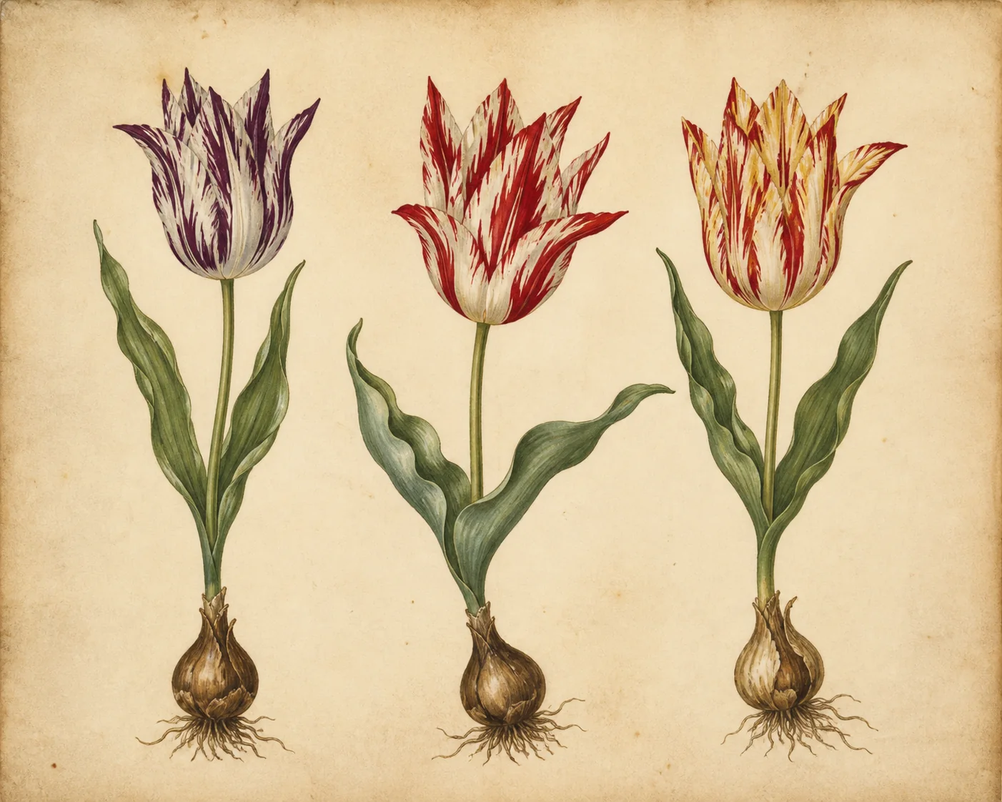 Botanisk illustration av tre historiskt inspirerade randiga tulpaner