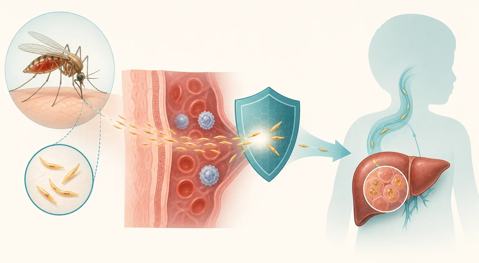 Schematisk illustration av malariasmitta från mygga och ett immunsvar före leverstadiet