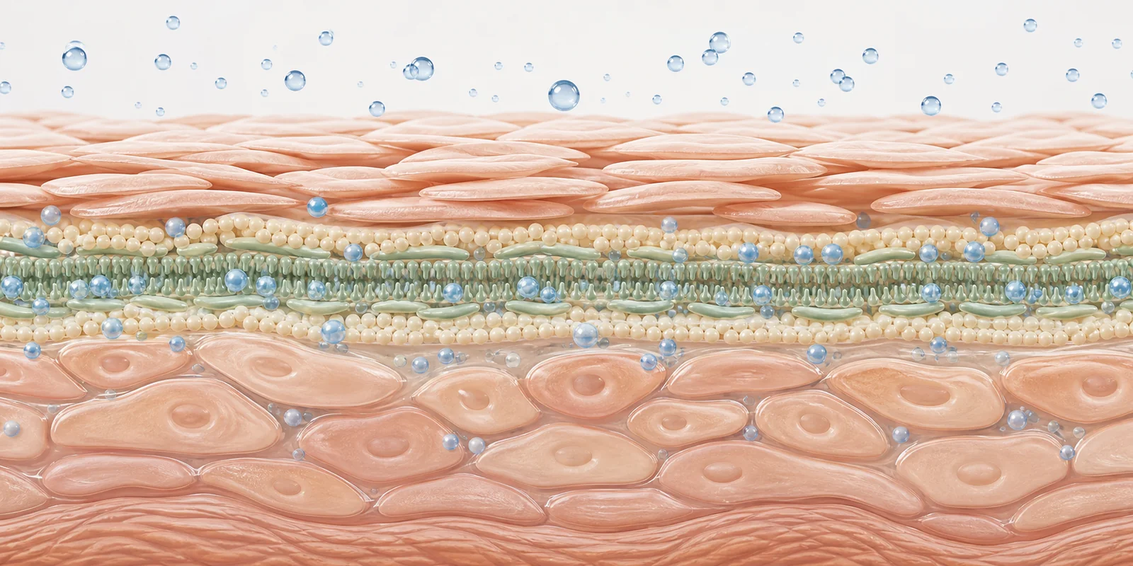 Schematisk illustration av hudbarriärens celler, lipider och vatten