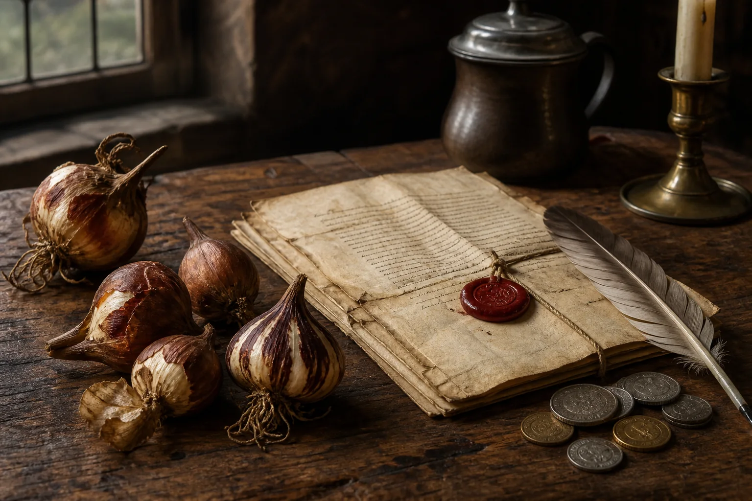 Historisk illustration av tulpanlökar, kontrakt, sigill och mynt på ett träbord